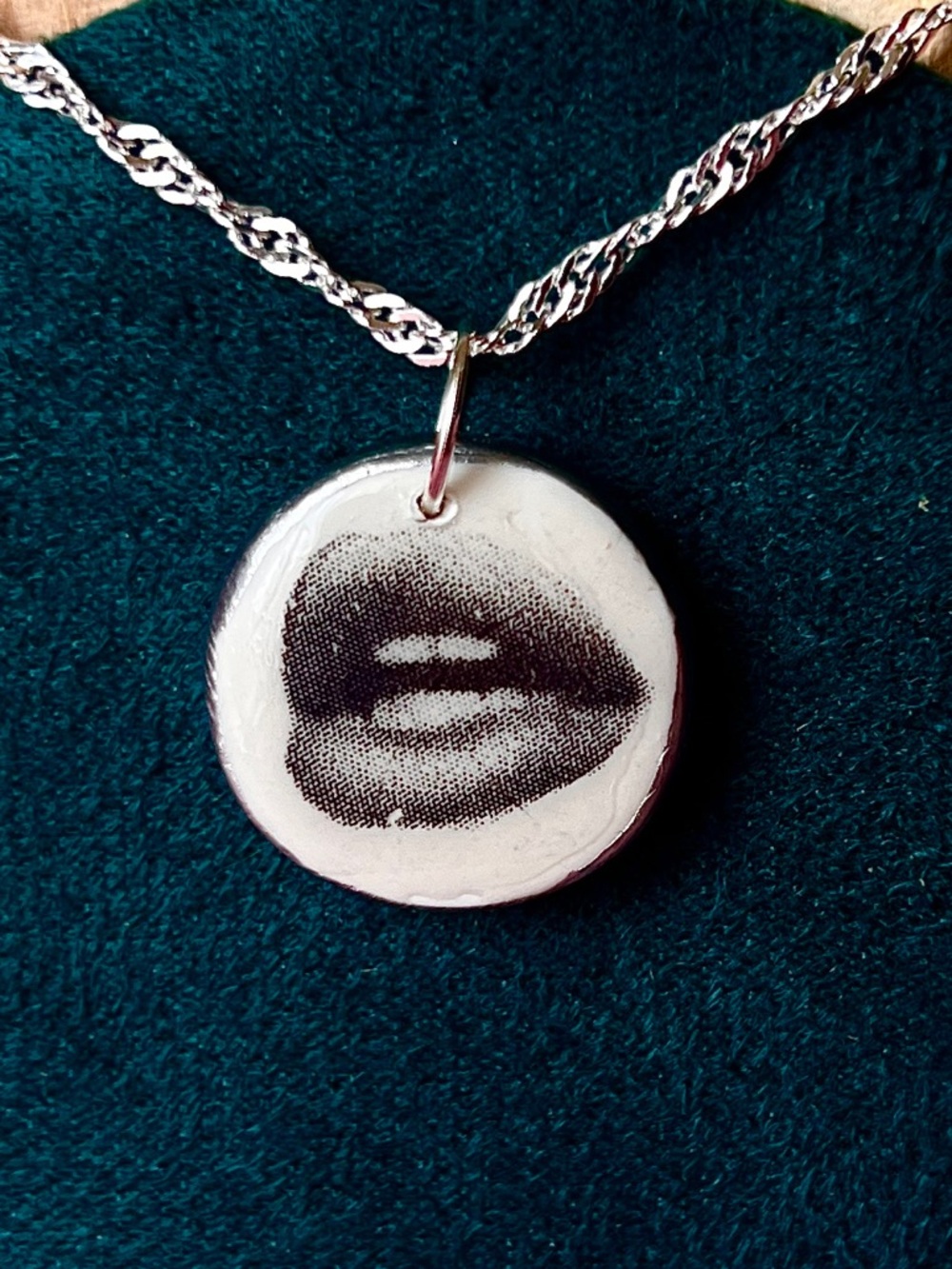 Silver Chain Necklace with Black & White Lip Pendant
